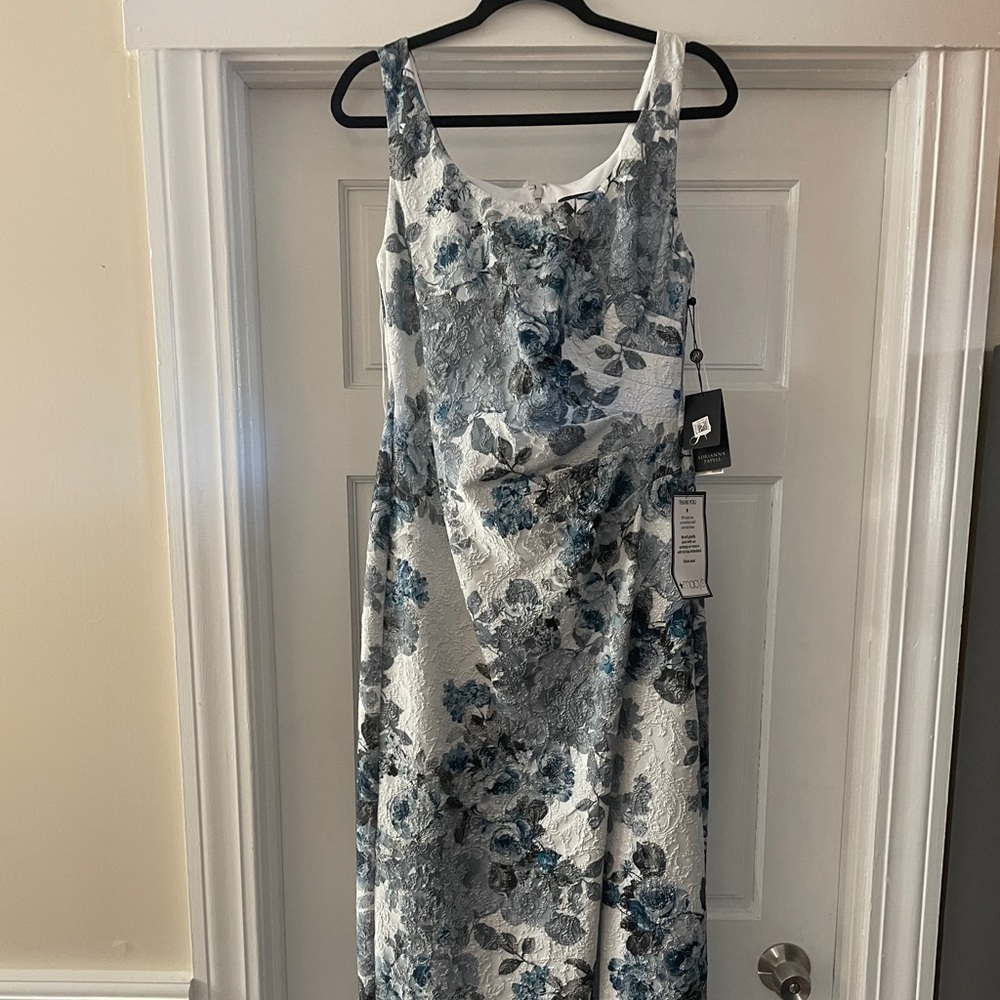 Adrianna Papell Blue and Silver Floral Brocade Wedding Dress - Picture 2 of 5